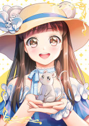 Rule 34 | 1girl, animal, animal ears, artist name, bare shoulders, blue dress, blue ribbon, blush, brown eyes, brown hair, commentary, dress, face, flower, fruits basket, hat, hat flower, holding, holding animal, kimopoleis, looking at viewer, mouse (animal), mouse ears, ribbon, solo, sun hat, teeth, upper teeth only, white flower