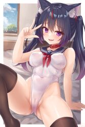 Rule 34 | 1girl, :d, absurdres, animal ear fluff, animal ears, black hair, black thighhighs, blue sailor collar, blush, breasts, cat ears, cat girl, commentary request, covered erect nipples, fang, hair tie, highres, kazuneko-chan, kazuneko (wktk1024), long hair, looking at viewer, medium breasts, neckerchief, one-piece swimsuit, open mouth, original, purple eyes, red neckerchief, sailor collar, sailor one-piece swimsuit, sitting, smile, solo, swimsuit, thighhighs, twintails, v, white one-piece swimsuit, window