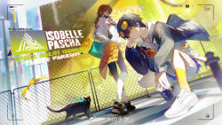 Rule 34 | 1boy, 1girl, absurdres, bag, black cat, black footwear, black hair, black jacket, black mask, brown hair, cat, chain-link fence, clothes around waist, commentary request, copyright name, cup, eyewear on head, fence, full body, girls&#039; frontline, girls&#039; frontline neural cloud, hand on own face, hatsuchiri (neural cloud), highres, holding, holding cup, jacket, jacket around waist, jewelry, long hair, long sleeves, looking at viewer, mask, mask pull, messy hair, mouth mask, necklace, orange jacket, outdoors, renjian shilian, shoes, short hair, shorts, shoulder bag, squatting, sueyoi (neural cloud), sunglasses, viewfinder, weibo watermark, white footwear, yellow eyes