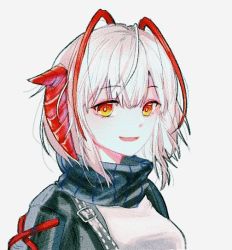 Rule 34 | 1girl, ahoge, antennae, arknights, black jacket, black scarf, demon horns, grey background, horns, jacket, looking at viewer, open clothes, open jacket, open mouth, orange eyes, portrait, scarf, shirt, short hair, simple background, solo, w (arknights), wangchuan, white shirt