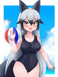 Rule 34 | 1girl, animal ears, aramaru, ball, beachball, black hair, black one-piece swimsuit, blue sky, blush, border, breasts, brown eyes, cloud, cloudy sky, cowboy shot, day, fang, fox ears, fox tail, highres, holding, holding ball, horizon, kemono friends, long hair, looking at viewer, medium breasts, multicolored hair, ocean, one-piece swimsuit, outdoors, silver fox (kemono friends), silver hair, sky, solo, standing, sweatdrop, swimsuit, tail, very long hair, white border