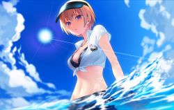 Rule 34 | 1girl, akimikan (2.5deciliter), bikini, blonde hair, blue bikini, blue sky, blurry, breasts, cleavage, closed mouth, cloud, collared shirt, commentary request, crop top, day, diffraction spikes, front-tie bikini top, front-tie top, groin, highres, idolmaster, idolmaster shiny colors, jewelry, looking at viewer, medium breasts, navel, necklace, outdoors, purple eyes, saijo juri, shirt, short hair, short sleeves, sky, solo, sun, sunlight, swimsuit, visor cap, wading, water, white shirt