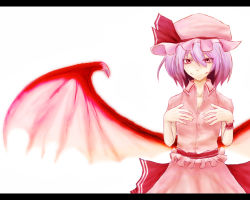 Rule 34 | 1girl, bat wings, fang, female focus, gai, gai (artist), gai (chicken), hat, hat ribbon, letterboxed, looking at viewer, purple hair, red eyes, remilia scarlet, ribbon, short hair, simple background, smile, solo, touhou, vampire, white background, wings