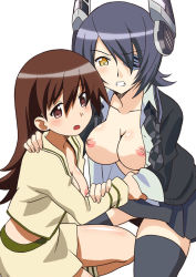 Rule 34 | 10s, 2girls, blue hair, breasts, brown eyes, brown hair, checkered clothes, checkered necktie, checkered neckwear, eyepatch, headgear, kantai collection, large breasts, looking at viewer, multiple girls, necktie, nipples, ooi (kancolle), ooi kai ni (kancolle), open clothes, open mouth, open shirt, personification, shirakawa mayumi, shirt, tenryuu (kancolle), thighhighs, yellow eyes