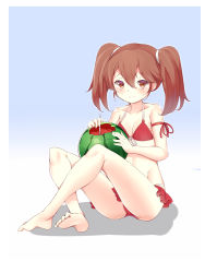 Rule 34 | 10s, 1girl, bad id, bad pixiv id, bikini, breasts, brown eyes, collarbone, artistic error, food, fruit, full body, highres, indian style, kantai collection, looking at viewer, ootsuki momiji, red bikini, ryuujou (kancolle), sitting, small breasts, smile, solo, swimsuit, twintails, watermelon