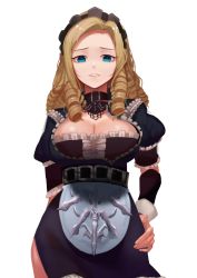 Rule 34 | 1girl, bad id, bad pixiv id, belt, blonde hair, blue eyes, breasts, cleavage, collar, drill hair, female focus, grin, hand on own hip, highres, large breasts, long hair, looking at viewer, maid, maid headdress, overlord (maruyama), simple background, smile, solo, solution epsilon, ukimesato, white background
