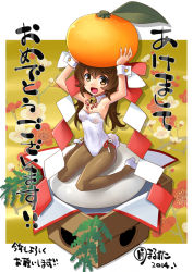 Rule 34 | 10s, 1girl, 2014, :d, akeome, armpits, arms up, bare shoulders, bell, breasts, brown eyes, brown hair, cleavage, detached collar, food, fruit, happy new year, in food, jingle bell, katahira masashi, kotoyoro, leotard, long hair, looking at viewer, mandarin orange, mini person, minigirl, mochi, nengajou, new year, open mouth, original, outside border, pantyhose, playboy bunny, rabbit tail, small breasts, smile, solo, tail, translation request, wagashi, wrist cuffs