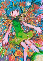 Rule 34 | 1girl, abstract, antennae, aqua hair, bad id, bad twitter id, butterfly wings, colorful, dress, eternity larva, gradient eyes, green dress, hito (nito563), insect wings, multicolored background, multicolored eyes, open mouth, orange eyes, outstretched arms, short hair, sleeveless, smile, solo, spread arms, touhou, wings