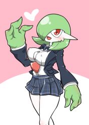 Rule 34 | 1girl, arm at side, black jacket, blue bow, blue bowtie, blue skirt, blush, bob cut, bowtie, breasts, buttons, clothed pokemon, collared shirt, colored skin, covered erect nipples, creatures (company), female focus, game freak, gardevoir, gen 3 pokemon, green hair, green skin, hair over one eye, hand up, happy, heart, jacket, kazamidoririnn, layered sleeves, long sleeves, looking at viewer, medium breasts, miniskirt, multicolored skin, nintendo, one eye covered, open clothes, open jacket, open mouth, personification, pink background, plaid, plaid skirt, pleated skirt, pokemon, pokemon (creature), red eyes, school uniform, shiny skin, shirt, shirt tucked in, short hair, simple background, skirt, smile, solo, standing, thighs, two-tone background, two-tone skin, variant set, white shirt, white skin