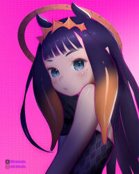 Rule 34 | 1girl, artist name, black hair, blush, closed mouth, female focus, highres, hololive, hololive english, instagram username, long hair, looking at viewer, mole, mole under eye, multicolored hair, ninomae ina&#039;nis, orange hair, pink background, solo, tentacle hair, twitter username, ultratesla, virtual youtuber