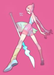 Rule 34 | 1girl, ass, brown hair, forehead jewel, from behind, looking back, pale skin, pearl (steven universe), pigeon666, polearm, simple background, socks, solo, spear, steven universe, weapon