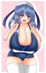 Rule 34 | 10s, 1girl, alternate breast size, ayazumi flutter, blue eyes, blue hair, blue one-piece swimsuit, blush, breasts, collarbone, female focus, gigantic breasts, hair bun, hat, kantai collection, long hair, matching hair/eyes, one-piece swimsuit, open mouth, plump, school swimsuit, sideboob, simple background, single hair bun, solo, standing, swimsuit, thighhighs, urakaze (kancolle), white thighhighs