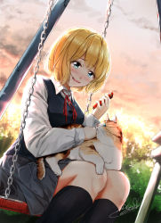 Rule 34 | 1girl, animal, animal on lap, black skirt, black socks, black vest, blonde hair, blue eyes, blush, box, cat, cat on lap, chain, cloud, cloudy sky, column, commentary request, dutch angle, feet out of frame, from below, gift, gift box, hand rest, highres, holding, holding gift, kneehighs, long sleeves, looking at animal, looking down, on lap, open mouth, original, outdoors, pillar, pink sky, red neckwear, red ribbon, ribbon, school uniform, shirt, short hair, signature, sitting, skirt, sky, socks, solo, soragane (banisinngurei), swing, tearing up, teeth, twilight, upper teeth only, valentine, vest, white shirt