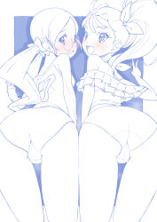 Rule 34 | 2girls, ass, bent over, blue theme, blush, cameltoe, commentary, cropped shirt, crotch seam, frilled shirt, frills, from behind, glasses, hair ribbon, halterneck, hanasaki tsubomi, heartcatch precure!, highres, in-franchise crossover, leaning forward, long hair, long sleeves, looking at viewer, looking back, low twintails, miyagoe yoshitsuki, monochrome, multiple girls, natsuumi manatsu, no pants, off-shoulder shirt, off shoulder, open mouth, outside border, panties, precure, ribbon, rimless eyewear, round eyewear, in-franchise crossover, shirt, side-by-side, side ponytail, smile, standing, t-shirt, trefoil, tropical-rouge! precure, twintails, underwear, v