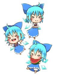 Rule 34 | &gt;:), &gt;:d, 1girl, :d, ahoge, barefoot, bloomers, blue bow, blue dress, blue hair, blush stickers, bow, bowtie, chamaji, chibi, cirno, commentary request, crossed arms, dress, eating, food, fruit, hair between eyes, hair bow, highres, ice, ice wings, multiple views, neck ribbon, open mouth, outstretched arms, red bow, red bowtie, red ribbon, ribbon, short hair, short sleeves, simple background, smile, spread arms, touhou, underwear, v-shaped eyebrows, watermelon, white background, white bloomers, wings