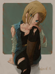 Rule 34 | 1girl, absurdres, android 18, belt, black pants, blonde hair, blood, blood on arm, chokopi, denim, denim jacket, denim skirt, dragon ball, dragonball z, foot out of frame, green background, highres, injury, jacket, knee up, pants, short hair, sitting, skirt, solo, torn clothes, two-tone background, white background