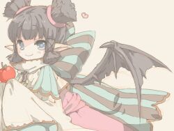 Rule 34 | 1girl, apple, bad drawr id, bad id, bat wings, black hair, black wings, blue eyes, bow, chain, character request, copyright request, dress, food, fruit, heart, looking at viewer, meiriel, oekaki, pointy ears, short hair, sidelocks, simple background, sleeves past wrists, smile, solo, two side up, upper body, wings