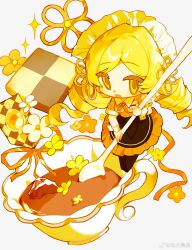 Rule 34 | 1girl, absurdres, alternate costume, black footwear, black skirt, blonde hair, boots, chibi, chinese commentary, collar, collared shirt, commentary request, cookie, cup, drill hair, flower, food, frilled skirt, frills, grey background, hair ornament, hairpin, highres, holding, holding spoon, knee boots, long hair, looking at viewer, mahou shoujo madoka magica, mahou shoujo madoka magica (anime), maid headdress, miniskirt, neckerchief, open mouth, orange background, orange neckerchief, oversized food, oversized object, plaid, plaid shirt, plaid sleeves, shirt, short sleeves, simple background, skirt, smile, solo, soul gem, sparkle, spoon, tea, teabag, teacup, teaspoon, tomoe mami, twin drills, watermark, wei er chenxing, weibo logo, weibo watermark, white collar, white headdress, white wrist cuffs, wrist cuffs, yellow eyes, yellow flower, yellow shirt, yellow sleeves