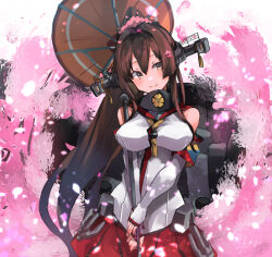 Rule 34 | 1girl, breasts, brown eyes, brown hair, cherry blossoms, detached sleeves, flower, hair flower, hair ornament, headgear, highres, holding, holding umbrella, kantai collection, large breasts, long hair, oil-paper umbrella, petals, pink flower, pleated skirt, ponytail, red skirt, rigging, simple background, skirt, smile, solo, sunday aki, tassel, umbrella, very long hair, yamato (kancolle)