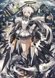 Rule 34 | 10s, 1girl, blush, boots, cape, chain chronicle, dress, closed eyes, halo, highres, hourglass, long hair, mamuru, mecha musume, open mouth, original, outstretched arms, solo, thighhighs, very long hair