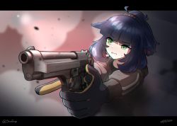 Rule 34 | 1girl, absurdres, arknights, beretta 92, black gloves, black hair, black jacket, black shirt, blush, chromatic aberration, clenched teeth, commentary request, dated, gloves, green eyes, gun, handgun, highres, holding, holding gun, holding weapon, jacket, jessica (arknights), letterboxed, long sleeves, multicolored hair, open clothes, open jacket, outstretched arm, ponytail, red hair, shirt, skyetengu, smoke, solo, streaked hair, sweat, teeth, twitter username, two-handed, upper body, weapon