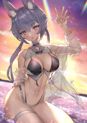 Rule 34 | 1girl, :d, absurdres, animal ear fluff, animal ears, arm behind back, arm up, backlighting, bare shoulders, bikini, black bikini, breasts, cleavage, evening, gradient sky, heart, highres, hitowa, large breasts, layered bikini, lens flare, long hair, long sleeves, looking at viewer, low twintails, navel, off shoulder, open clothes, open mouth, open shirt, original, purple eyes, purple hair, see-through, shallow water, sitting, sky, smile, solo, sparkle, stomach, sunlight, sunset, swimsuit, thigh strap, twintails, water, waving, white bikini