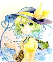 Rule 34 | 1girl, black hat, blouse, blue flower, blue rose, bow, buttons, diamond button, expressionless, eyeball, flower, frilled shirt collar, frilled sleeves, frills, green eyes, green hair, hat, hat bow, hat ribbon, heart, heart of string, highres, koishi day, komeiji koishi, long sleeves, looking at viewer, medium hair, nonano73, painting (medium), ribbon, rose, shirt, solo, third eye, touhou, traditional media, upper body, watercolor (medium), wavy hair, wide sleeves, yellow bow, yellow ribbon, yellow shirt