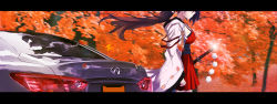 Rule 34 | 1girl, absurdres, autumn, autumn leaves, azur lane, breasts, brown hair, car, dress, from side, highres, infiniti, japanese clothes, kimono, large breasts, letterboxed, long hair, motor vehicle, nissan, outdoors, red dress, scenery, sheath, sheathed, short dress, solo, tianyu jifeng, white kimono, wide sleeves, zuikaku (azur lane)