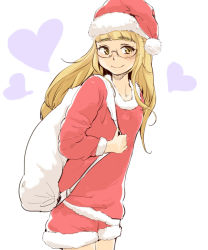 Rule 34 | 1girl, blush, cowboy shot, eyebrows, fur trim, glasses, hat, heart, long hair, long sleeves, mune, perrine h. clostermann, sack, santa costume, santa hat, shorts, simple background, smile, solo, strike witches, white background, world witches series