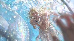 Rule 34 | 1boy, absurdres, blonde hair, blue background, blue eyes, blue gemstone, blurry, bracelet, bright pupils, bubble, cloaca, depth of field, erenyegaerenyeg, fins, floating hair, gem, head fins, highres, jewelry, light smile, long hair, looking at viewer, male focus, merman, monster boy, necklace, nude, original, pov, scales, solo focus, swimming, toned, toned male, underwater, upper body, white pupils, white scales