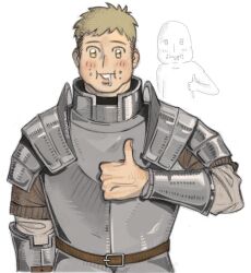 Rule 34 | 1boy, :i, armor, blonde hair, blush, bracer, drooling, dungeon meshi, food, food on face, hand up, highres, laios touden, long sleeves, looking at viewer, male focus, mouth drool, open mouth, pauldrons, reference inset, shigeoreum, short hair, shoulder armor, simple background, thumbs up, upper body, very short hair, white background, yellow eyes