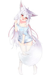 Rule 34 | 1girl, absurdres, animal ear fluff, animal ears, bare shoulders, blush, character request, copyright request, embarrassed, fang, fox ears, fox girl, fox tail, full body, highres, long hair, off-shoulder shirt, off shoulder, red eyes, shiroi awa sakana, shirt, shirt tug, short sleeves, simple background, tail, thighhighs, very long hair, virtual youtuber, white background, white hair, white thighhighs