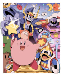 Rule 34 | :d, apple, armor, arms up, baseball cap, bendedede, black eyes, blipper, blue cape, blue eyes, bomber (kirby), border, bright pupils, cape, closed mouth, cloud, commentary, crescent moon, diving mask, english commentary, fish, food, fountain, fountain of dreams, frown, fruit, fur-trimmed jacket, fur trim, goggles, hammer, hat, heavy mole, helmet, highres, holding, holding hammer, holding sword, holding wand, holding weapon, horns, jacket, jewelry, king dedede, kirby, kirby&#039;s adventure, kirby (series), kracko, long sleeves, looking at another, mask, meta knight, moon, mr. bright, mr. shine, necklace, nightmare (kirby), nintendo, one-eyed, open clothes, open jacket, open mouth, outside border, paint roller (kirby), pauldrons, red cape, red headwear, red jacket, shoulder armor, skull, sky, smile, smirk, spikes, star (sky), star (symbol), star rod, star wand, starry sky, sun, sunglasses, sword, tears, teeth, tree, v-shaped eyebrows, waddle dee, waddle doo, wand, water, weapon, whispy woods, white border, white pupils, wide-eyed, wide sleeves, yellow eyes, yellow headwear