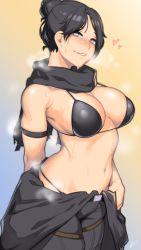 Rule 34 | 1girl, absurdres, animification, apex legends, armlet, bare shoulders, bikini, black bikini, black hair, black pants, black scarf, blush, breasts, camouflage scarf, cleavage, dyun, grey eyes, hair bun, heart, highres, large breasts, navel, pants, parted bangs, parted lips, scarf, single hair bun, stomach, sweat, swimsuit, wraith (apex legends)