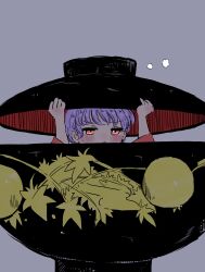 Rule 34 | 1girl, absurdres, black hat, blush, bowl, bowl hat, commentary request, flying sweatdrops, grey background, hands on headwear, hat, highres, long sleeves, looking at viewer, purple hair, red eyes, rin tarou, short hair, simple background, solo, sukuna shinmyoumaru, touhou