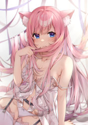 Rule 34 | 1girl, animal ear fluff, animal ears, bare arms, blue eyes, blush, breasts, cat ears, collarbone, commission, fluff, frills, furrowed brow, highres, indie virtual youtuber, izumi kei, large breasts, leaning to the side, lingerie, long hair, looking at viewer, navel, negligee, panties, pink hair, playing with own hair, rindou (vtuber), sitting, skeb commission, solo, straight hair, strap slip, thigh gap, thighhighs, underwear, very long hair, virtual youtuber