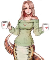 Rule 34 | 1girl, absurdres, aran sweater, bad id, bad tumblr id, bracelet, brown hair, cable knit, commentary, cup, earrings, fingernails, green sweater, heart, heart print, highres, holding mug, hoop earrings, jewelry, lamia, long hair, looking at viewer, matilda fiship, monster girl, mug, multicolored hair, necklace, off-shoulder, off-shoulder sweater, off shoulder, original, pointy ears, red eyes, red hair, scales, sharp fingernails, simple background, smile, solo, sweater, two-tone hair, white background