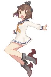 Rule 34 | 1girl, :d, ankle boots, bad id, bad twitter id, blue sailor collar, blush, boots, brown eyes, brown hair, commentary request, dress, full body, grey footwear, headgear, high heel boots, high heels, jumping, kantai collection, km yama, long sleeves, looking at viewer, neckerchief, open mouth, sailor collar, sailor dress, short hair, simple background, smile, solo, speaking tube headset, white background, yellow neckerchief, yukikaze (kancolle)
