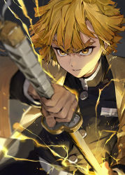 1boy agatsuma_zenitsu aura belt black_pants black_shirt blonde_hair blunt_bangs clenched_hand commentary_request haori highres holding holding_sword holding_weapon japanese_clothes kimetsu_no_yaiba lightning modare pants parted_lips sheath shirt short_hair sword thick_eyebrows unsheathing weapon white_belt yellow_eyes