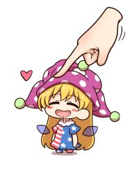 Rule 34 | 1girl, 1other, american flag dress, blonde hair, blush stickers, chibi, closed eyes, clownpiece, commentary request, dress, drooling, full body, hair between eyes, hand on another&#039;s head, hat, heart, highres, jester cap, long hair, neck ruff, no shoes, open mouth, pants, petting, pointing, polka dot, purple headwear, shadow, shitacemayo, short sleeves, simple background, smile, standing, star (symbol), star print, striped clothes, striped dress, striped pants, tongue, touhou, transparent wings, very long hair, white background, wings