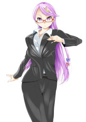 Rule 34 | 1girl, alternate costume, bad id, bad pixiv id, bespectacled, breasts, business suit, contemporary, crescent, crescent hair ornament, female focus, formal, glasses, hair ornament, highres, large breasts, long hair, pant suit, pants, patchouli knowledge, pen, purple eyes, purple hair, red-framed eyewear, solo, suit, touhou, white background, yoxtut