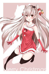 Rule 34 | 10s, 1girl, absurdres, alternate costume, amatsukaze (kancolle), bell, black bow, black ribbon, black thighhighs, blush, bow, chestnut mouth, christmas, collarbone, dress, elbow gloves, eyebrows, full body, fur trim, gloves, hair bell, hair between eyes, hair ornament, hair tubes, highres, kantai collection, leaf, leg up, long hair, looking at viewer, merry christmas, multicolored background, neku (neku draw), no shoes, open mouth, red dress, red gloves, ribbon, sailor collar, santa costume, silhouette, silver hair, sleeveless, sleeveless dress, solo, thighhighs, two-tone background, two side up, yellow eyes