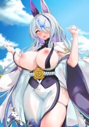 Rule 34 | 1girl, absurdres, accidental exposure, animal ears, asymmetrical bangs, azur lane, blue sky, blush, breast curtains, breasts, breasts out, bursting breasts, chinese commentary, cleavage, colored inner hair, commentary request, curvy, ear covers, empty eyes, grey hair, hair over one eye, hands up, highres, huge breasts, jacket, jacket on shoulders, japanese clothes, kimono, large breasts, long hair, looking at viewer, minuo songshu, motion blur, multicolored hair, nipples, obi, off shoulder, open mouth, purple hair, rabbit ears, sakuramon, sash, side slit, single ear cover, skindentation, sky, solo, streaked hair, thick thighs, thigh strap, thighs, underbust, unzen (azur lane), very long hair, w arms, wardrobe malfunction, white jacket, white kimono, wide sleeves
