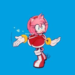 Rule 34 | 1girl, amy rose, animal ears, animal nose, blue background, blush, boots, dani ve, dress, full body, furry, furry female, gloves, green eyes, hairband, heart, hedgehog, hedgehog ears, pink fur, pink hair, red dress, red footwear, red hairband, shoes, short hair, signature, smile, solo, sonic (series), standing, symbol-only commentary, twitter username, white gloves