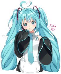 Rule 34 | 1girl, :3, ahoge, aqua eyes, aqua hair, aqua necktie, arami o 8, bad id, bad twitter id, bare shoulders, black legwear, black sleeves, blouse, blush, character name, china dress, chinese clothes, commentary, cropped torso, detached sleeves, dress, hair ornament, hands up, hatsune miku, hatsune miku (vocaloid4) (chinese), headphones, headset, heart, heart ahoge, korean commentary, long hair, looking at viewer, necktie, shirt, sleeveless, sleeveless shirt, sleeves past fingers, sleeves past wrists, smile, solo, twintails, upper body, very long hair, vocaloid, white background, white shirt, wide sleeves