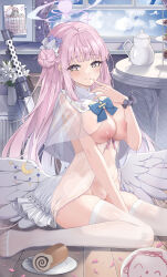 Rule 34 | 1girl, absurdres, angel wings, blue archive, breasts, capelet, cleft of venus, feathered wings, flower, hair bun, hair flower, hair ornament, halo, highres, jinmuxi (user pvha4443), large breasts, long hair, looking at viewer, low wings, mika (blue archive), nipples, pink hair, pink halo, pussy, side up bun, single side bun, sitting, skindentation, solo, thighhighs, very long hair, white capelet, white thighhighs, white wings, wings, yellow eyes