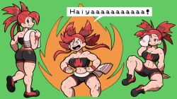 Rule 34 | 00s, 1girl, abs, ass, breasts, brown hair, cleavage, creatures (company), female focus, flannery (pokemon), game freak, gym leader, looking back, muscular, nintendo, open mouth, pokemon, pokemon rse, red eyes, red hair, shenanimation, shorts, simple background, strapless, sweat, thick thighs, thighs, towel, tube top