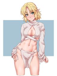 Rule 34 | 1girl, blonde hair, blush, breasts, cleavage, cleavage cutout, closed mouth, clothing cutout, green eyes, highres, large breasts, meme attire, mizuhashi parsee, navel, nose blush, ootsuki wataru, pointy ears, ribbed sweater, short hair, solo, stomach, sweatdrop, sweater, touhou, turtleneck, turtleneck sweater, white sweater