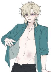 Rule 34 | 1boy, aqua shirt, aventurine (honkai: star rail), black pants, blonde hair, blush, bruise, caecla, clothes lift, collarbone, cowboy shot, earrings, grin, hair between eyes, highres, honkai: star rail, honkai (series), injury, jewelry, male focus, multicolored eyes, navel, neck tattoo, open clothes, open fly, open shirt, pants, reverse ryona, ringed eyes, rope marks, shirt, shirt lift, short hair, simple background, sleeves rolled up, smile, solo, strangulation mark, tattoo, white background