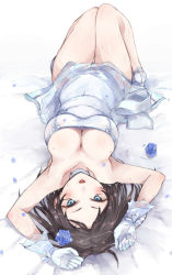 Rule 34 | 1girl, bare legs, bare shoulders, black hair, blue eyes, blue rose, blush, breasts, bride, choker, cleavage, dress, flower, gloves, hair flower, hair ornament, high heels, large breasts, looking at viewer, lying, on back, open mouth, original, petals, rose, shirayuki sarayoshi, short hair, simple background, solo, strapless, strapless dress, translation request, white background, white dress, white gloves, yukiguni yuu